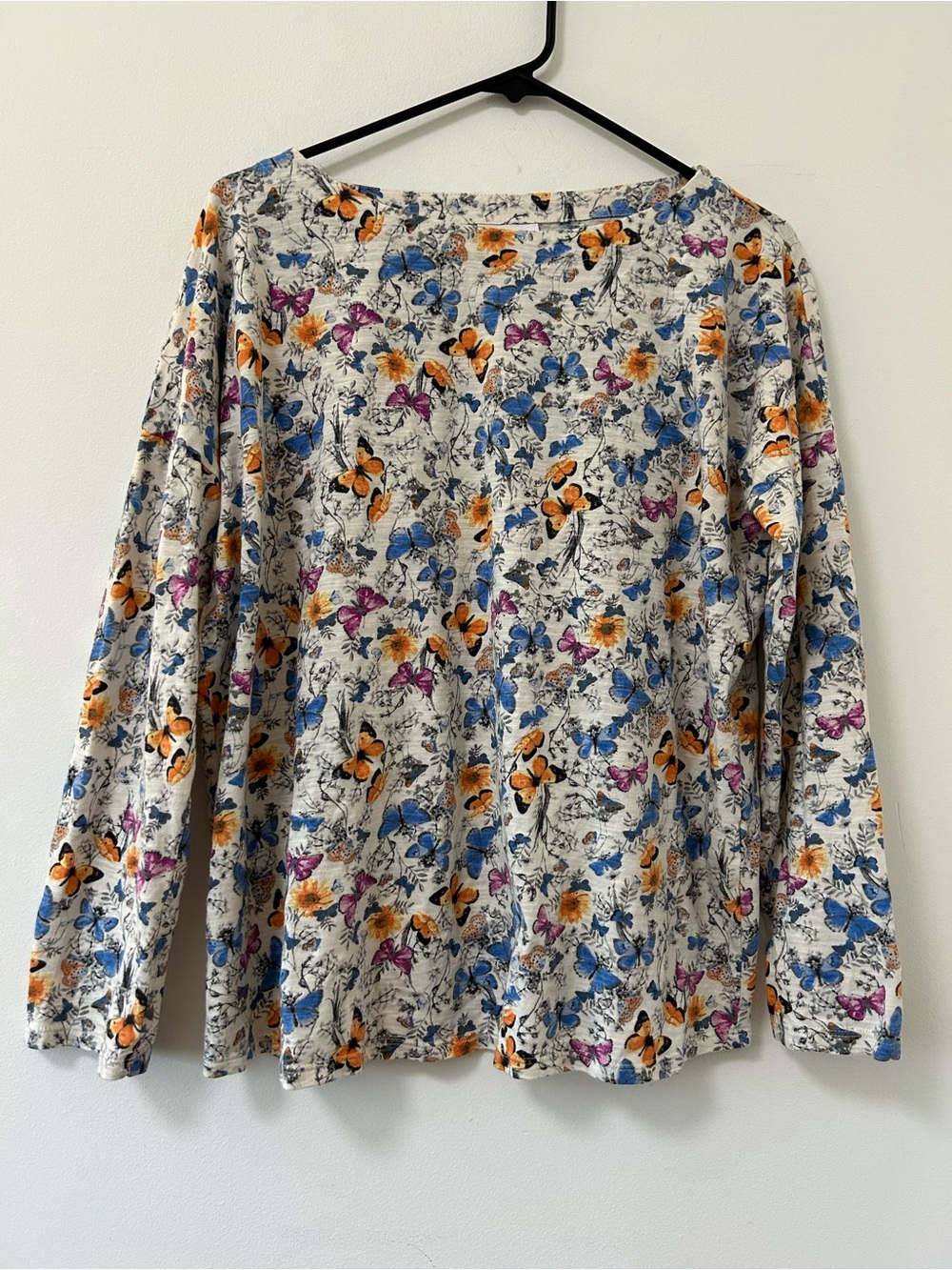 J. Jill Cream Long-Sleeve Top with Blue, Orange & Pink Butterfly Print‎ medium